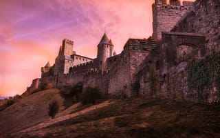 Картинка стена, холмы, Франция, башня, Carcassonne, крепость