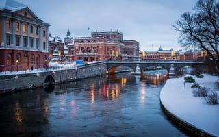 Картинка Швеция, мост, водный канал, река, Stockholm, зима, город