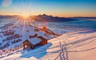 Картинка дома, зима, небо, деревья, туман, горы, солнце, снег