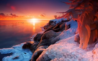 Картинка природа, свет, зима, снег, лёд, огонь и лёд, озеро, солнце
