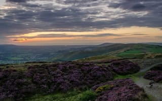 Картинка поле, небо, панорама, холмы, North Wales, Великобритания, облака, закат