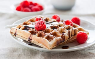 Картинка ягоды, малина, десерт, шоколадная глазурь, сахарная пудра, вафли, тарелка, сладкое