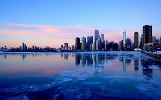 Картинка Чикаго, река, Иллиноис, небоскребы, лёд, город, вечер, зима
