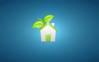 Обои house, минимализм, домик, зеленый, белый, синий фон, листья, дом, растение, дверь