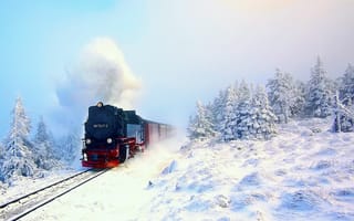Картинка поезд, лес, паровоз, снег, зима