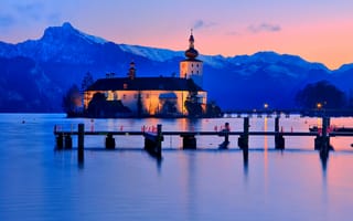 Картинка озеро Траунзе, Гмунден, Австрия, горы, город, Альпы