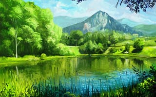 Картинка живопись, природа, зелено, лето, озеро, трава, горы, деревья, арт