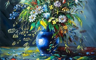 Картинка живопись, осыпаются, ваза, цветы, лепестки, картина