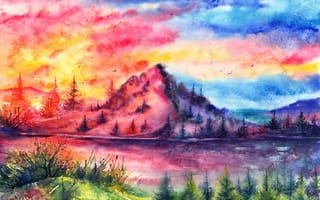 Обои акварель, гора, река, закат, птицы, ёлки, нарисованный пейзаж
