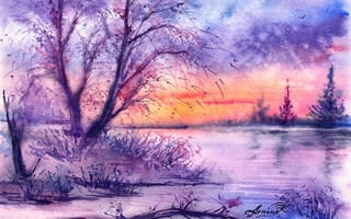 Картинка деревья, акварель, зима, нарисованный пейзаж, река, птицы