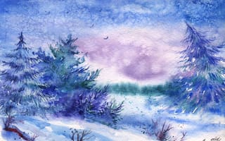 Картинка нарисованный пейзаж, птицы, ёлки, снег, акварель, зима