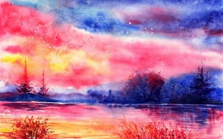 Картинка нарисованный пейзаж, вечер, облака, река, деревья, птицы, акварель