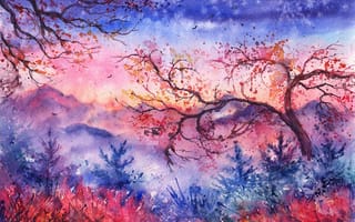 Картинка листва, птицы, деревья, акварель, вечер, нарисованный пейзаж, ёлки, горы, закат