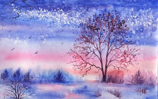 Картинка птицы, акварель, кусты, деревья, озеро, зима, нарисованный пейзаж, трава