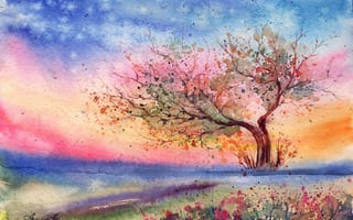 Обои нарисованный пейзаж, дерево, вечер, цветы, ветер, акварель, трава