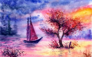 Картинка нарисованный пейзаж, акварель, птицы, река, трава, парусник, облака, дерево, вечер