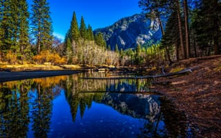 Обои Yosemite national park, берег, Йосе́митский национальный парк, горы, деревья, река, США, вершины