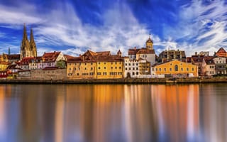 Картинка небо, солнце, облака, река, дома, мост, панорама, Германия