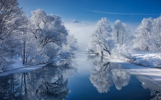 Картинка снег, река, деревья, Бавария, отражение, горы