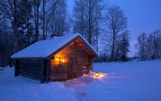 Картинка winter, деревья, лес, зима, фонарь, дом, landscape, night, Sweden, Швеция, свет, снег, ночь