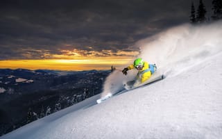 Картинка лыжник, спуск, горы, снег
