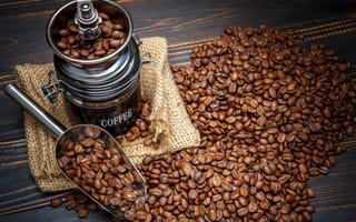 Картинка кофе, зерна, мешок, кофемолка, совок