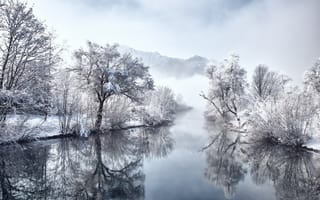Картинка зима, отражение, река