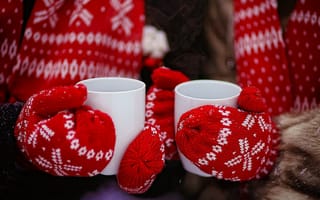 Картинка перчатки, красное, чай, руки, чашки, зима