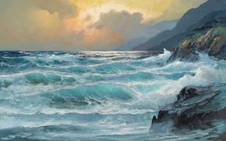Картинка Art, sea, rocks, coast, waves, water