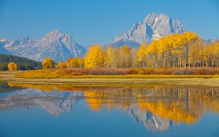 Картинка США, деревья, штата Вайоминг, осень, природа, озеро, Mount Moran, Гранд-Титон национальный парк