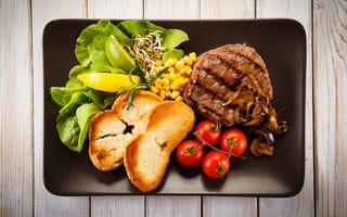 Картинка зелень, лимон, tomatoes, хлеб, мясо, тосты, грибы, помидоры