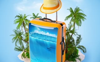 Обои море, синий, дельфины, рыбы, пальмы, небо, тропики, шляпа, кораллы, 3D Графика, самолет, остров, облака, чемодан