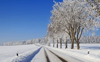 Картинка небо, зима, дорога, лес, деревья, мороз, иней, снег