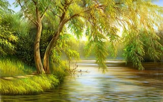 Картинка живопись, деревья, холст, птицы, природа, зелено