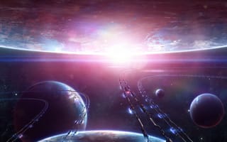 Картинка планеты, арт, Katherl Hannes, транспорт, Alienphysique, звезда, корабли, космос