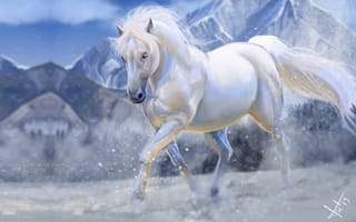 Картинка конь, Shadowfax, горы, Victor Lozada, снег, арт, зима