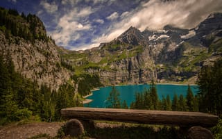 Картинка лес, небо, озеро, горы, деревья, вид, облака, скалы