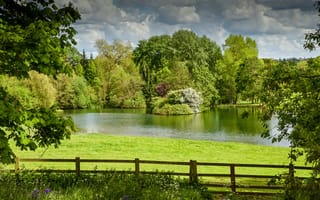 Картинка зелень, лето, цветы, деревья, небо, солнце, облака, трава