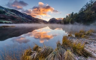 Картинка отражение, озеро, заморозки, утро, туман, горы