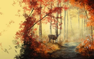 Картинка живопись, арт, лес, деревья, дорожка, животное, осень, листья