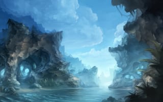 Картинка нарисованный пейзаж, облака, река, скалы