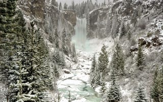 Картинка водопад, природа, лес, зима, снег
