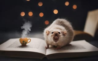 Картинка кофе, книга, крыска, ночное чтение, кружечка