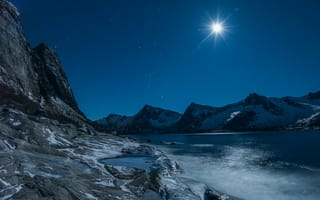Картинка Evening, stars, lake, mountains, rocks, moonlight, winter