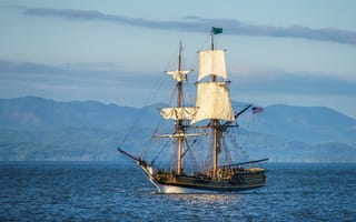 Картинка лес, небо, берег, горы, река, парус, корабль, США