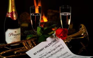 Картинка День Святого Валентина, роза, бутылка, шампанское, труба, фужеры, ноты