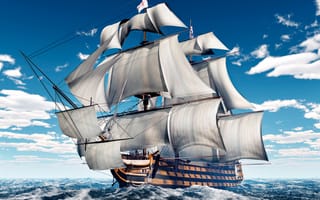 Картинка корабль, паруса, облака, волны, небо, море, мачты, 3D Графика, парусник
