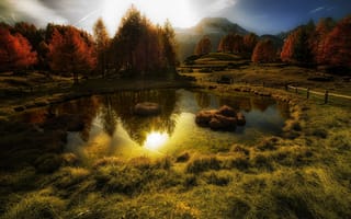 Картинка водоём, горы, золотая, осень, деревья, отражение, солнце