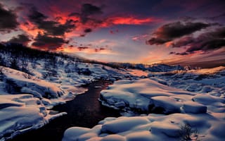 Картинка зима, лес, горы, снег, расвет, река, природа