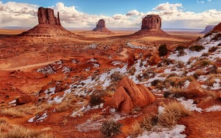 Картинка США, пустыня, небо, Долина Монументов, скалы, снег, облака, Аризона
